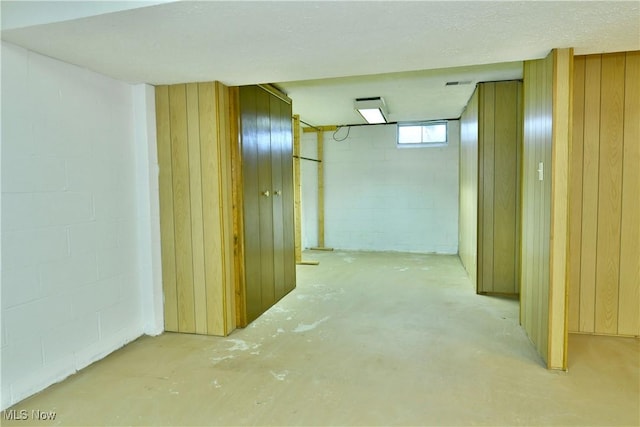 basement with a textured ceiling and wood walls