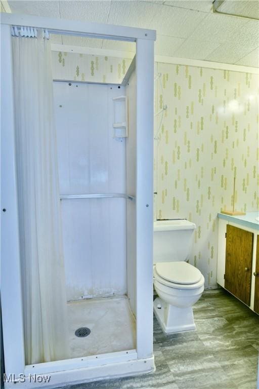 bathroom featuring a shower, vanity, wood-type flooring, and toilet