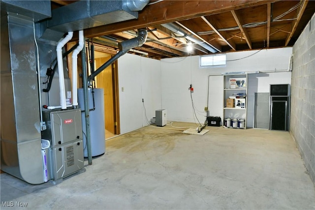 basement with gas water heater and heating unit