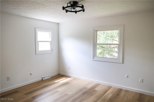 spare room featuring plenty of natural light, light wood-type flooring, and a textured ceiling