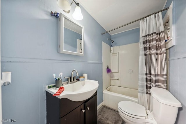 full bathroom featuring vanity, toilet, and shower / tub combo with curtain