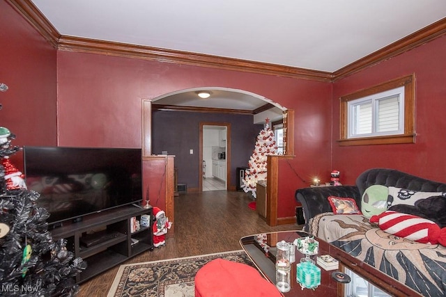 living room with dark hardwood / wood-style floors and crown molding