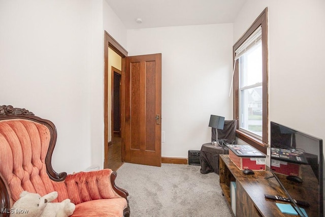 living area with light colored carpet