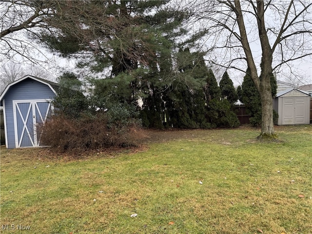 view of yard featuring a storage unit