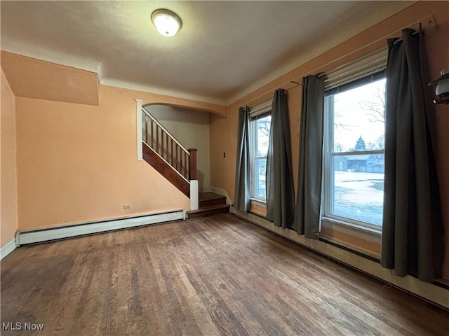 interior space with wood-type flooring and a baseboard heating unit