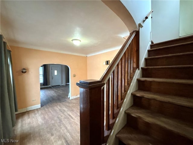 stairs with hardwood / wood-style flooring