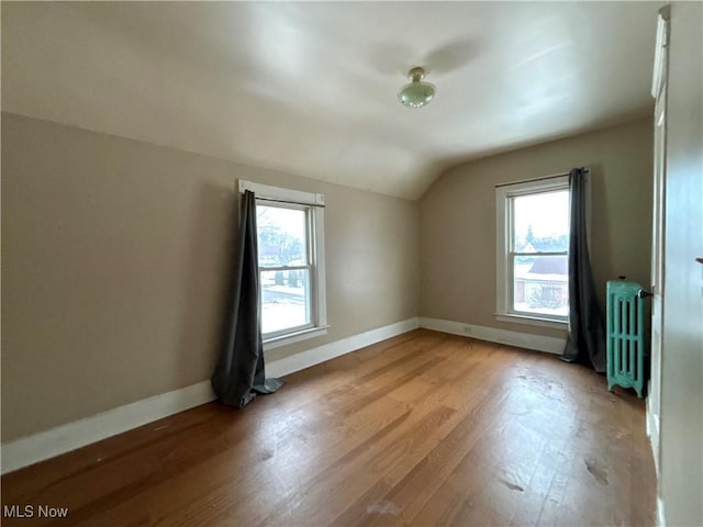 additional living space featuring lofted ceiling, a healthy amount of sunlight, light wood-type flooring, and radiator heating unit