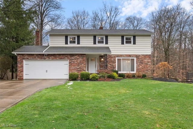 front facade with a garage and a front lawn