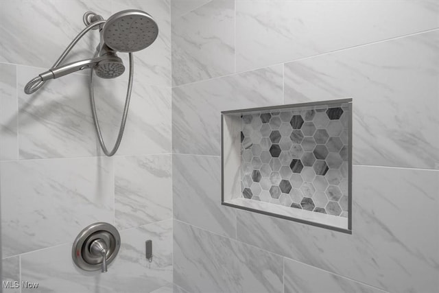 interior details featuring a tile shower