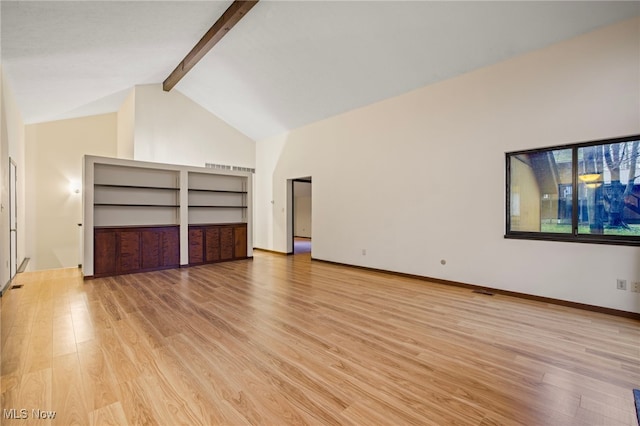 unfurnished living room with beam ceiling, high vaulted ceiling, and light hardwood / wood-style floors