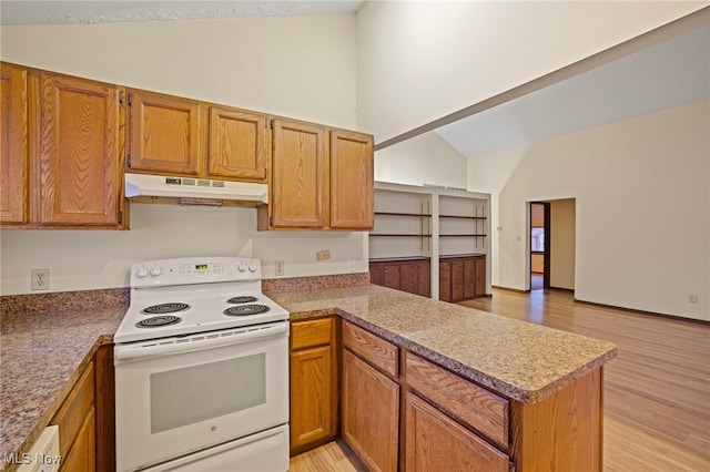 kitchen with kitchen peninsula, light wood-type flooring, high vaulted ceiling, and white range with electric stovetop