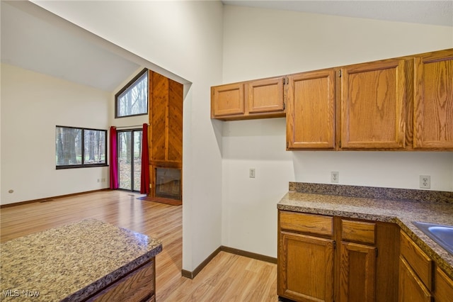 kitchen with high vaulted ceiling and light hardwood / wood-style flooring