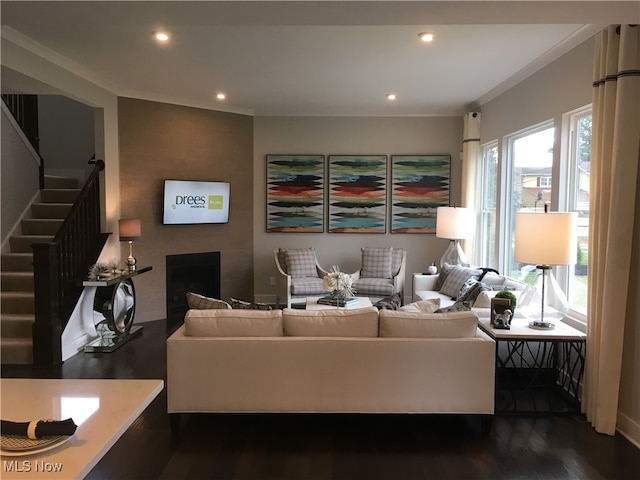 living room featuring dark wood-type flooring