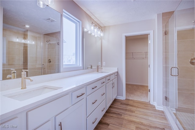 bathroom featuring a textured ceiling, visible vents, a sink, and a walk in closet