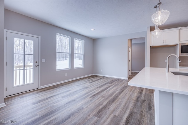 interior space with light countertops, light wood-type flooring, white cabinetry, pendant lighting, and a sink