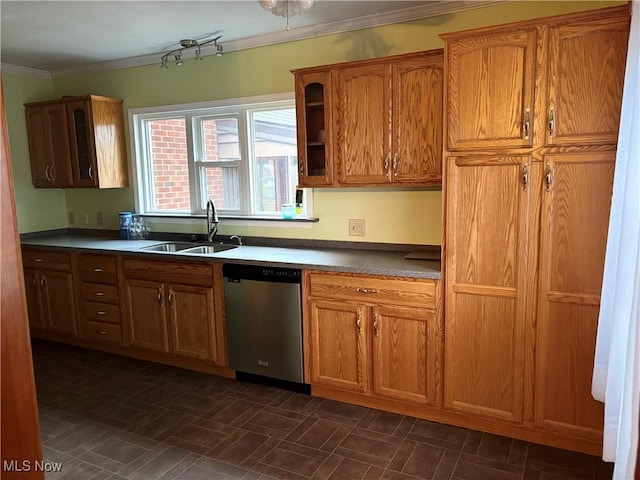 kitchen with dishwasher, ornamental molding, and sink