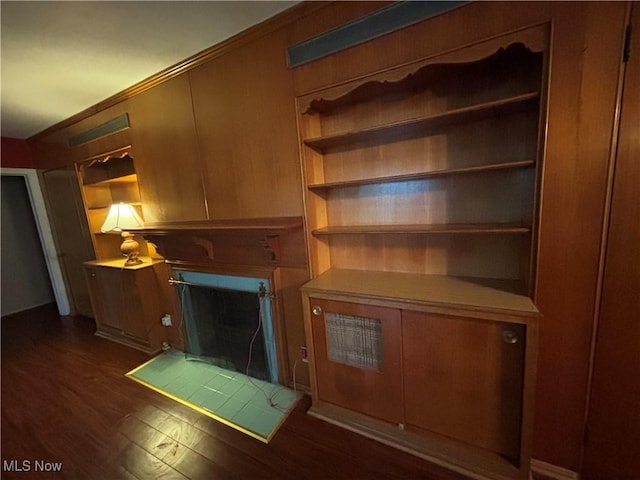 unfurnished living room with dark wood-type flooring