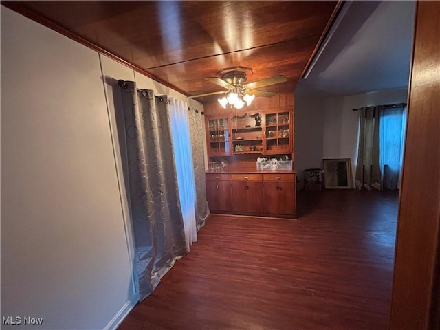 hallway with wooden ceiling and dark wood-type flooring