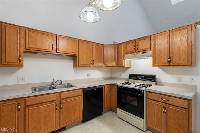 kitchen with dishwasher, high vaulted ceiling, gas range gas stove, and sink