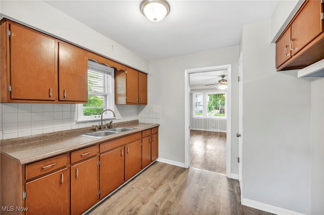 kitchen with backsplash, ceiling fan, light hardwood / wood-style floors, and sink