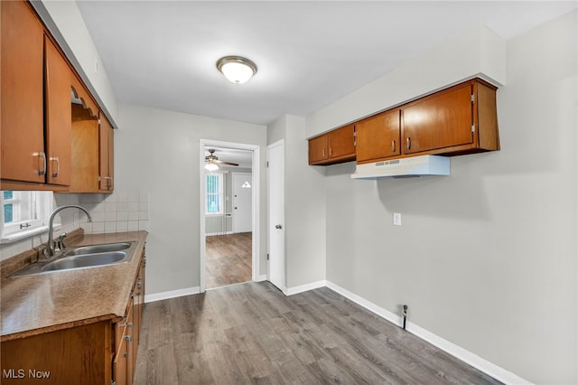 kitchen with ceiling fan, tasteful backsplash, sink, and light hardwood / wood-style flooring