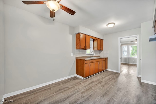 kitchen with light wood-type flooring, tasteful backsplash, and sink