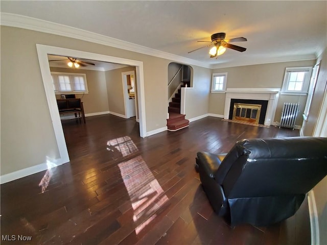 living room featuring ornamental molding, dark hardwood / wood-style floors, and a healthy amount of sunlight