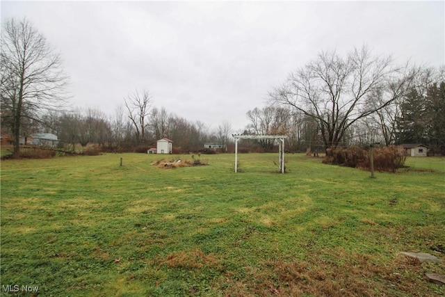 view of yard featuring a storage unit and a pergola