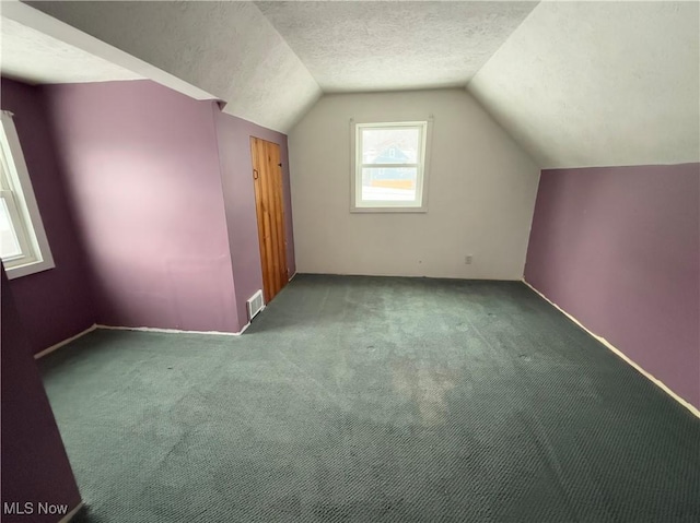 bonus room with a textured ceiling, carpet, and lofted ceiling