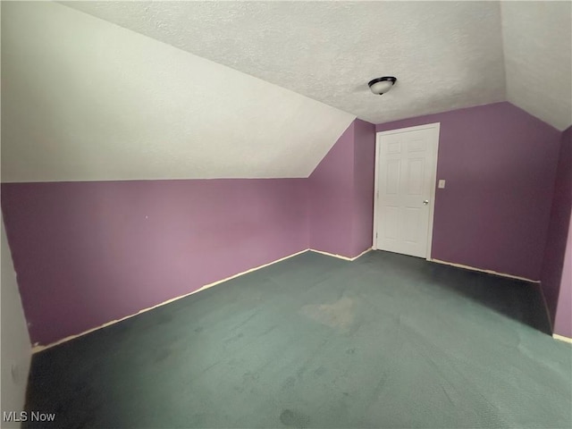 additional living space with a textured ceiling, lofted ceiling, and dark colored carpet