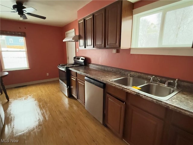 kitchen with ceiling fan, sink, light wood-type flooring, and stainless steel appliances