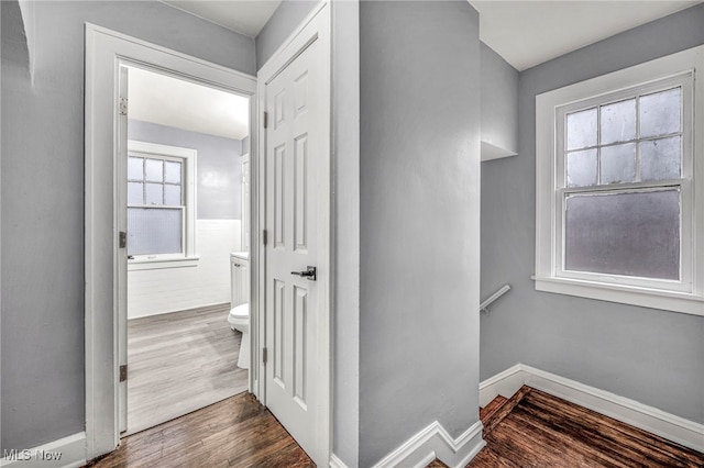 hallway with dark wood-type flooring