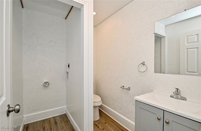 bathroom with vanity, toilet, and wood-type flooring