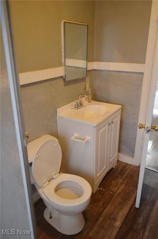 bathroom featuring vanity, toilet, and wood-type flooring