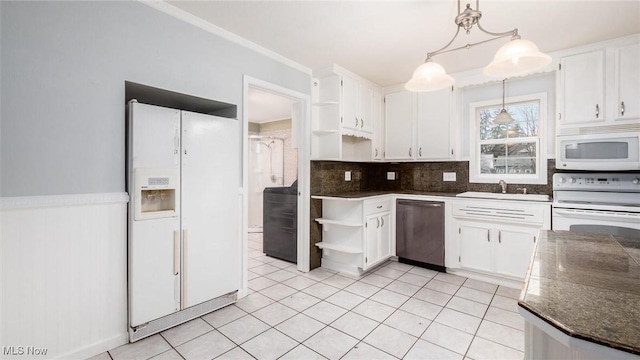 kitchen featuring backsplash, white appliances, light tile patterned floors, white cabinets, and hanging light fixtures