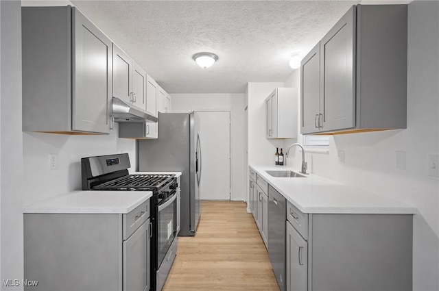 kitchen with gray cabinetry, sink, a textured ceiling, light hardwood / wood-style floors, and stainless steel appliances