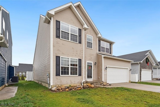 traditional home featuring a garage, concrete driveway, a front lawn, and cooling unit