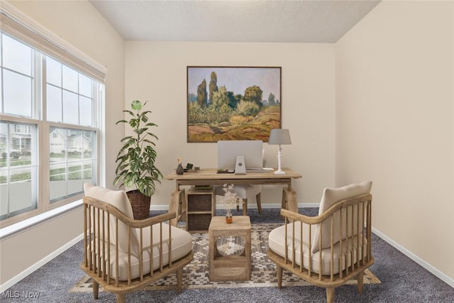 living area with carpet, a textured ceiling, and baseboards