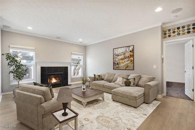 living room with light wood-style floors, a fireplace, a wealth of natural light, and crown molding