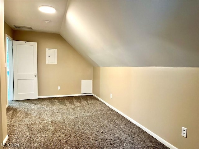 additional living space featuring carpet, electric panel, and lofted ceiling