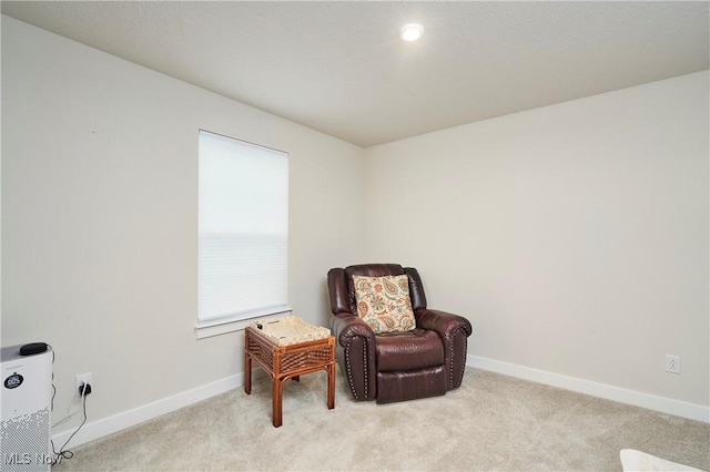 sitting room featuring light carpet