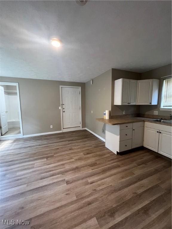 kitchen with hardwood / wood-style floors, white cabinets, and sink