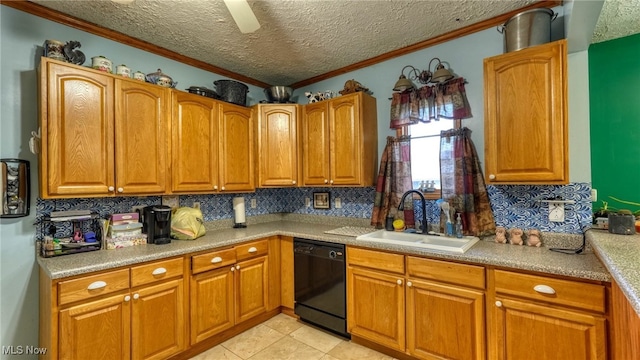 kitchen featuring a textured ceiling, black dishwasher, crown molding, and sink