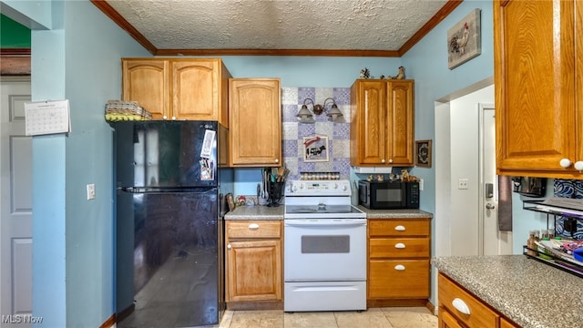 kitchen featuring light tile patterned floors, a textured ceiling, crown molding, and black appliances