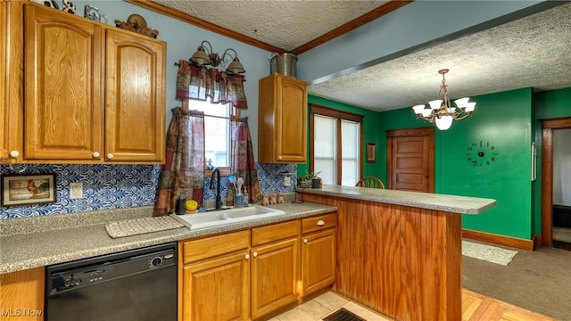 kitchen featuring sink, black dishwasher, kitchen peninsula, a chandelier, and a textured ceiling