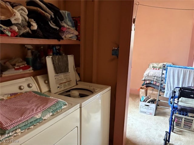 clothes washing area featuring carpet floors and washing machine and clothes dryer