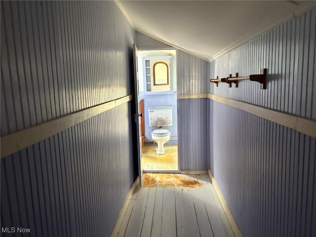 hall featuring wood-type flooring and vaulted ceiling