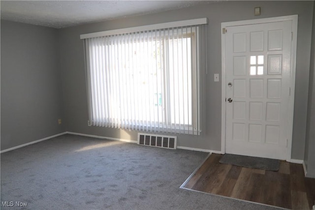 carpeted entrance foyer with a textured ceiling and a healthy amount of sunlight