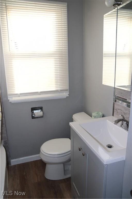 bathroom with toilet, vanity, and hardwood / wood-style flooring