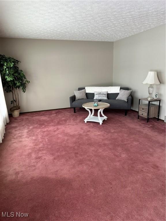 living room featuring a textured ceiling and dark colored carpet